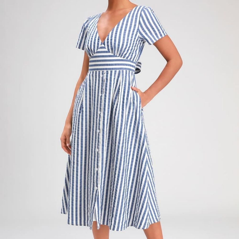 Lulu's Swingdance Blue Striped Button Front Midi Dress size small